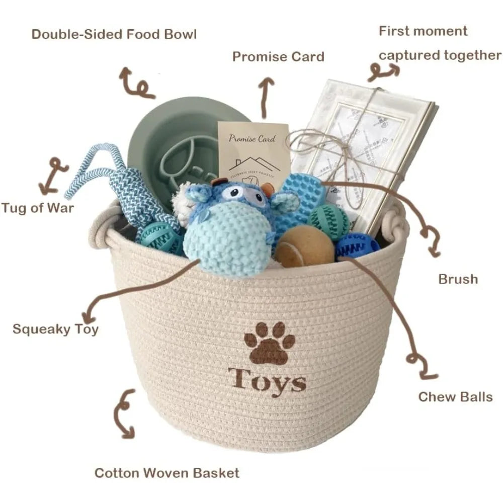Dog Welcome Gift Box – New Puppy Starter Kit with Promise Card, Frame, Toys, Double‑Sided Bowl & Brush in Woven Basket – Dog Ado