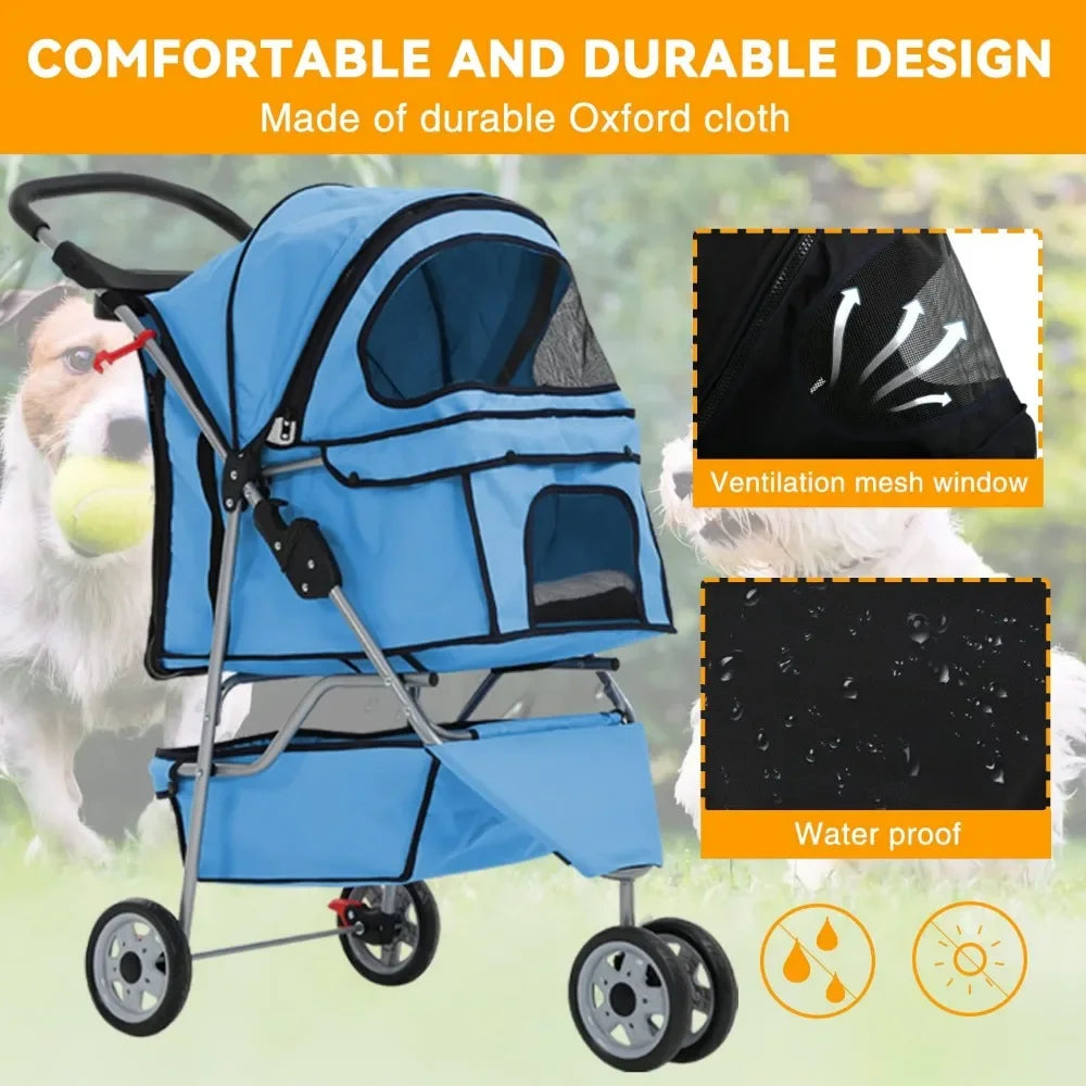 Folding Dog Stroller, 3 Wheels Pet Strollers Pet Gear for Small Medium Cats Dogs Puppy with Storage Basket