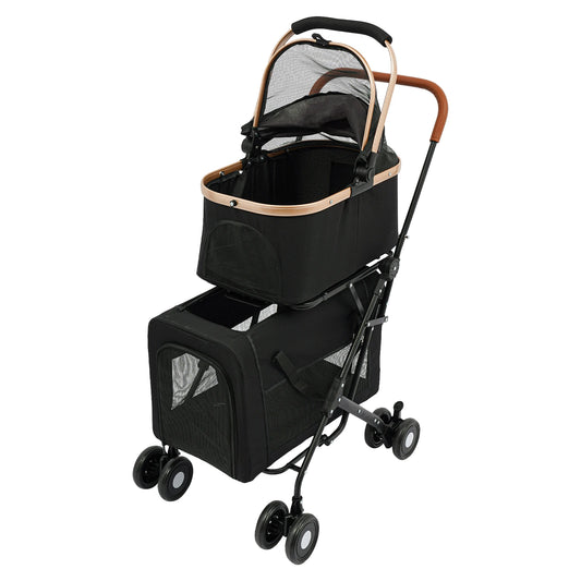2-Tier Dog & Cat Stroller, Detachable Pet Stroller, Foldable Pet Stroller with Wheels, for Small & Medium Dogs Cats, (Black)