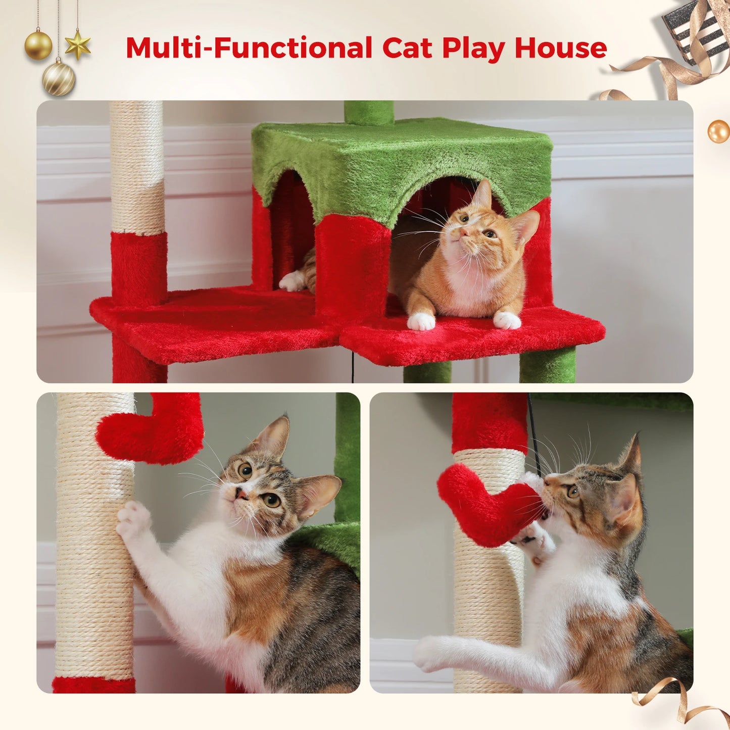 Christmas Cat Tree with Sisal Scratching Posts Spacious Condo Hammock Tall Large Cat Tower for Indoor Cat House Bed Cat Toys