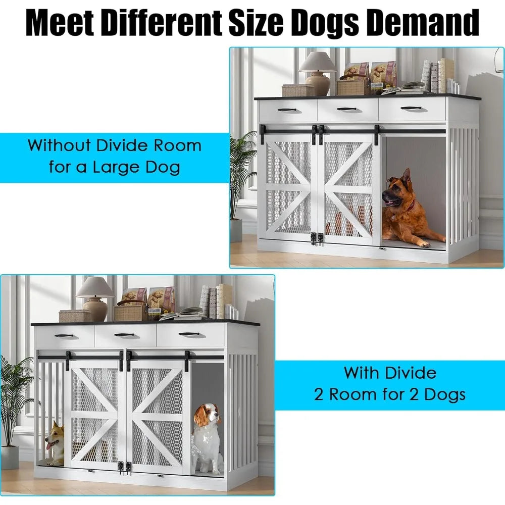 Double Door Wooden Dog Crate with Removable Divider and Storage for Medium to Extra Large Dogs