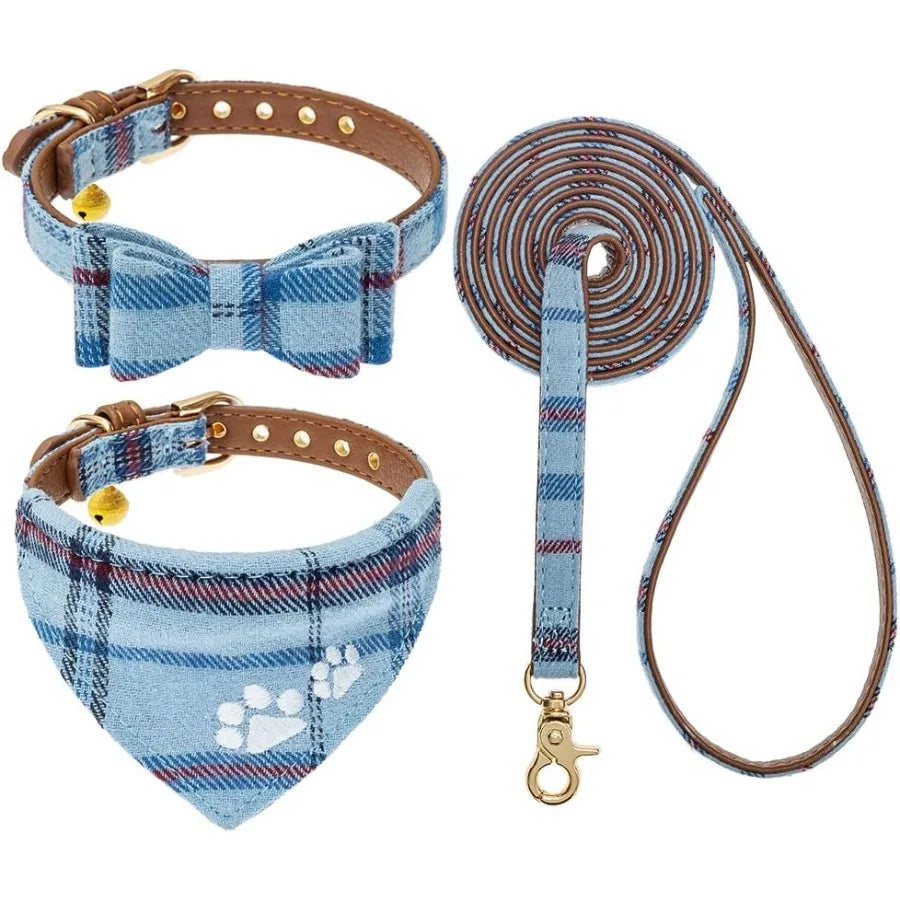 Puppy Collar and Leash Set Embroidery Pawprints Plaid Dog Collar and Dog Leash Set Bow Tie and Banda Dog Collar with Bell Cute