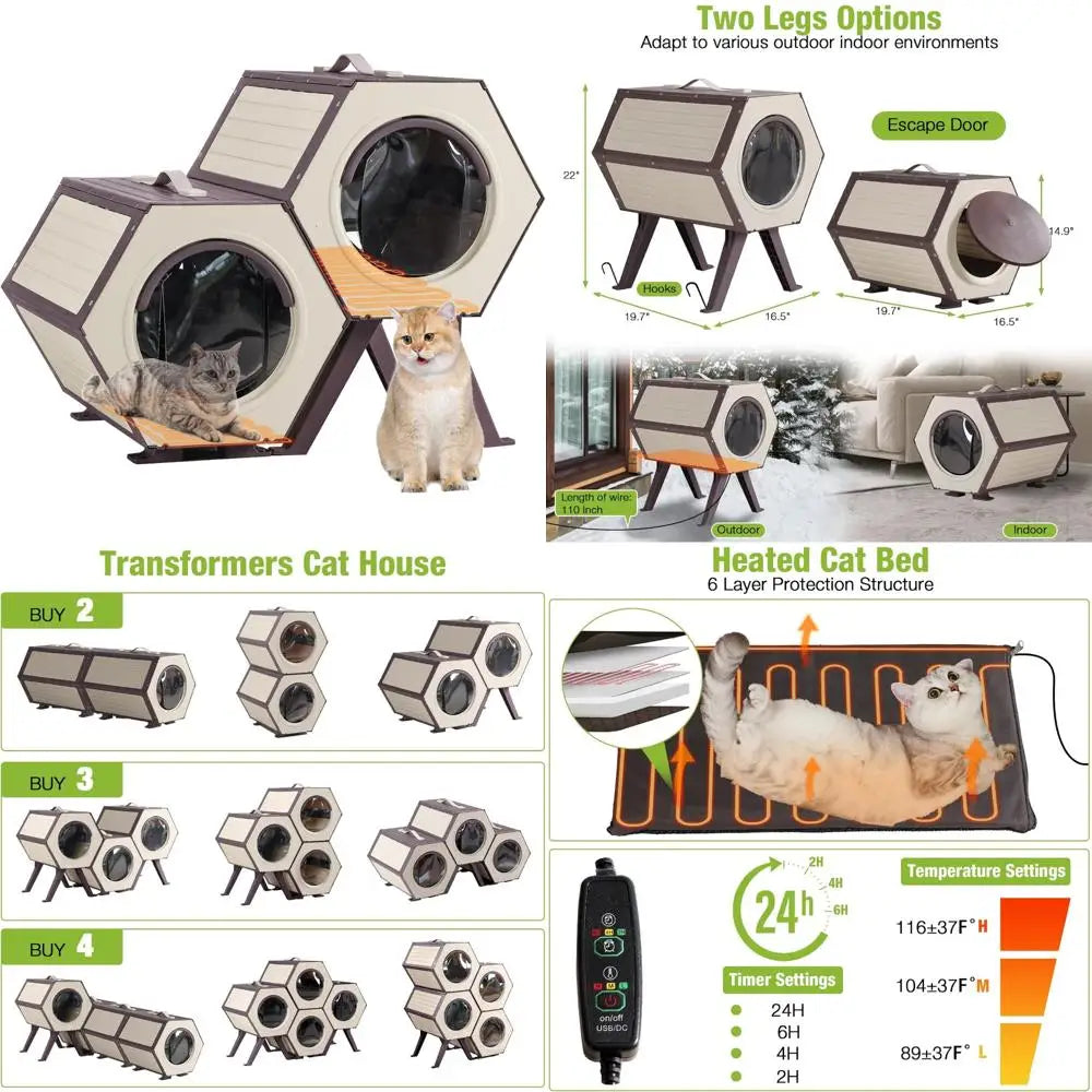 Heated Insulated Outdoor Cat Shelter for Ferals with Adjustable Temp and Timer, Expandable for All Weather Protection