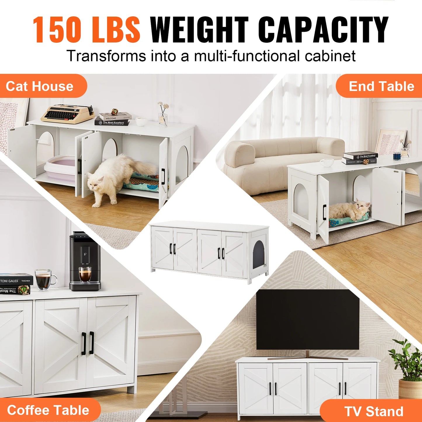 SucceBuy Cat Litter Box Enclosure for 2 Cats Litter Box Furniture Hidden Wooden Cat Box Cabinet Fit Most of Litter Box White