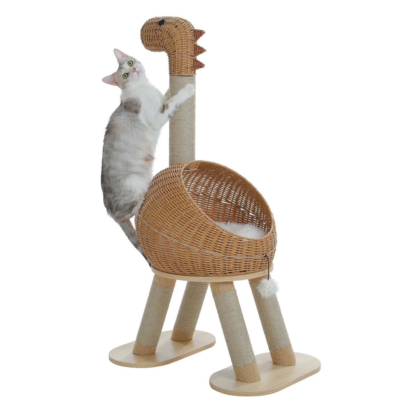 Dinosaur Cat Tree Tower with Sisal Scratching Post Large Rattan Cat Condo for Indoor Wicker Cat Bed with Removable Mat Cat Toys