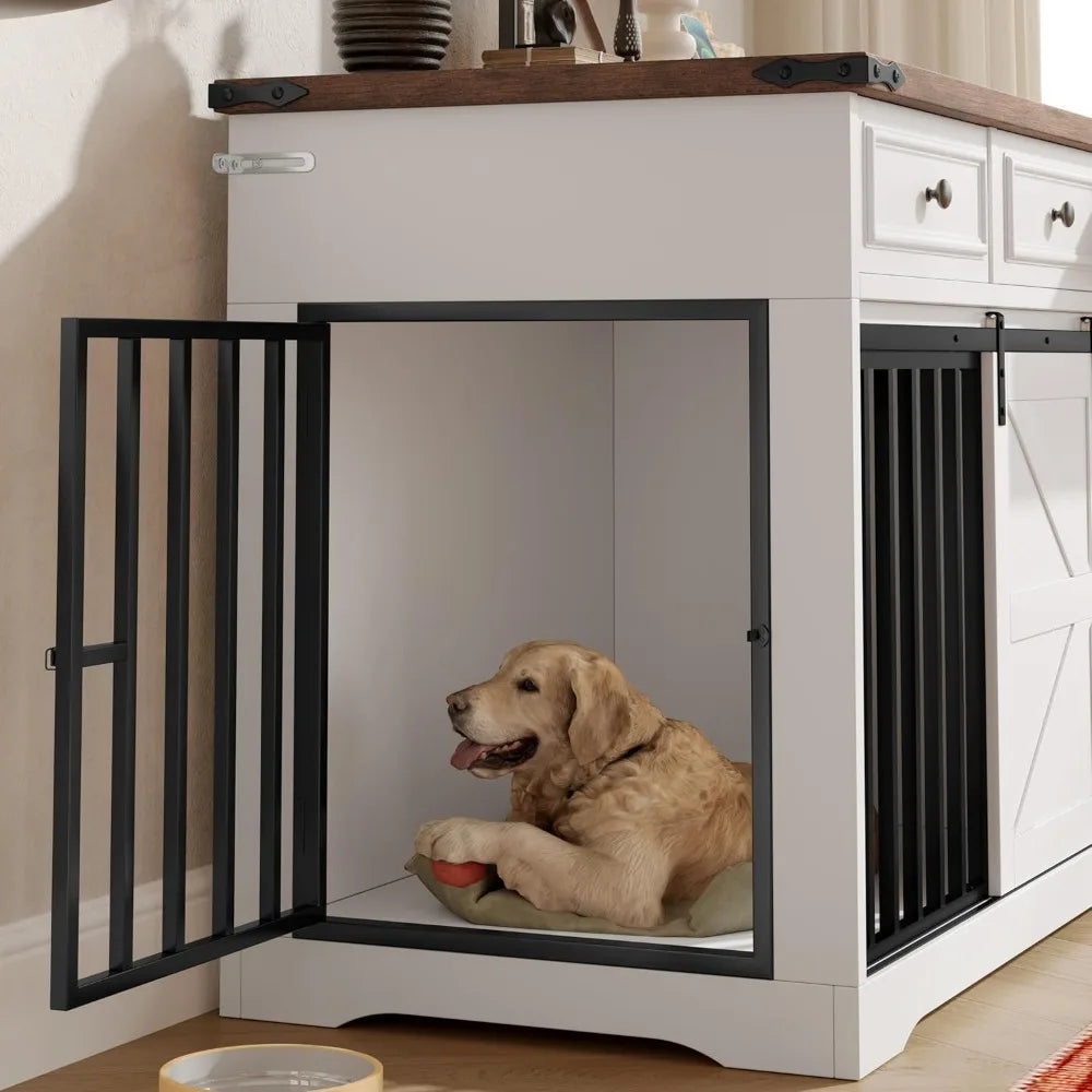 55.1" Furniture Style Dog Crate Furniture, Indoor Dog Kennel with 3 Storage Drawers, Farmhouse Dog Crate with Side Door and Slid