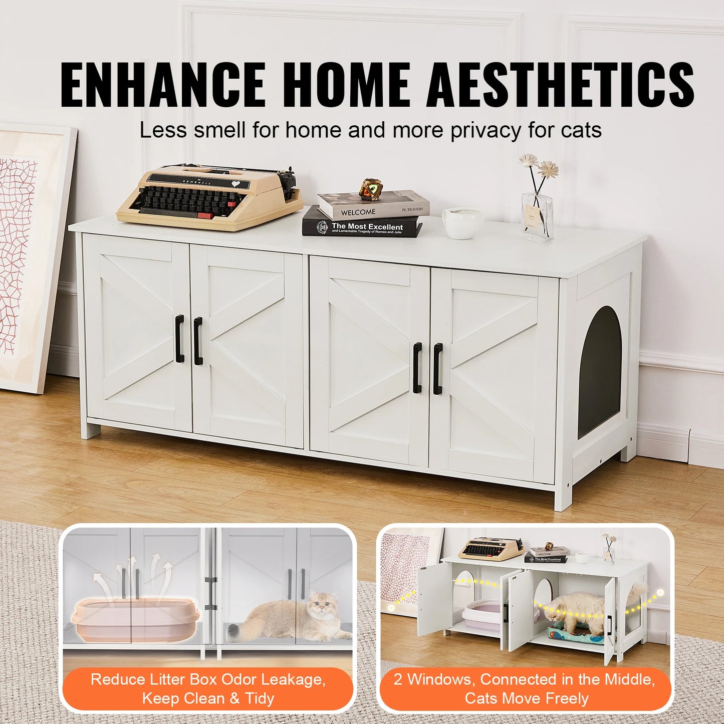 SucceBuy Cat Litter Box Enclosure for 2 Cats Litter Box Furniture Hidden Wooden Cat Box Cabinet Fit Most of Litter Box White