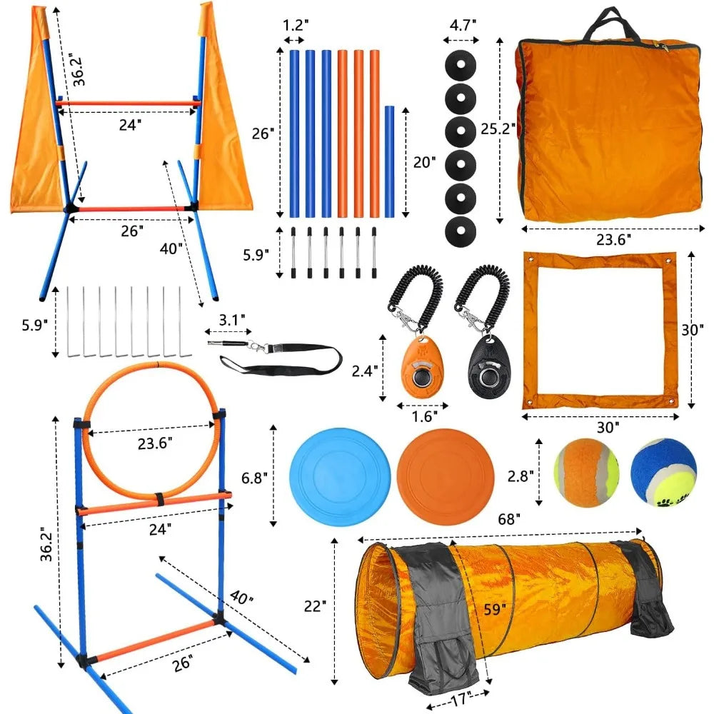 Dog Agility Training Equipment Set Outdoor Indoor Game, Tire Jump + Hurdle Jump, Tunnel, Weave Poles, Pause, 2 Toy Balls, 2 Disc