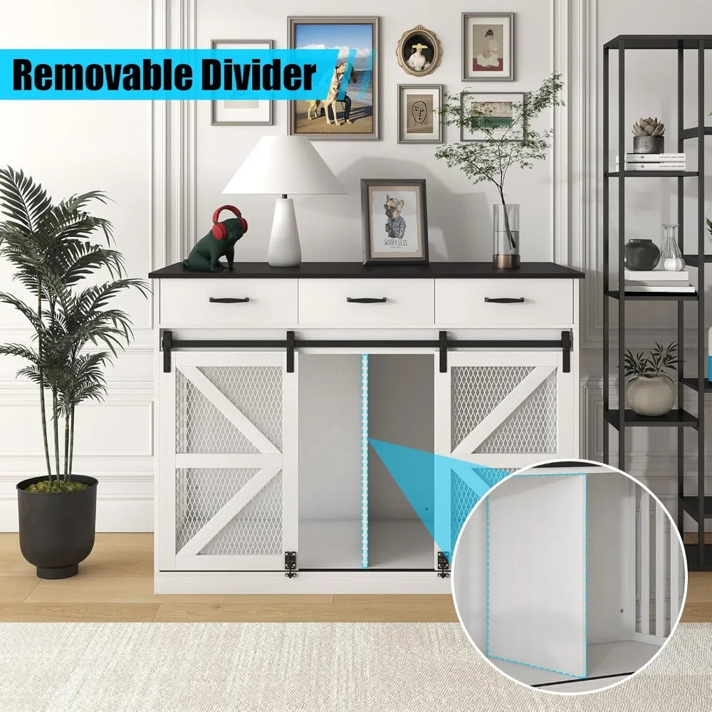 Double Door Wooden Dog Crate with Removable Divider and Storage for Medium to Extra Large Dogs