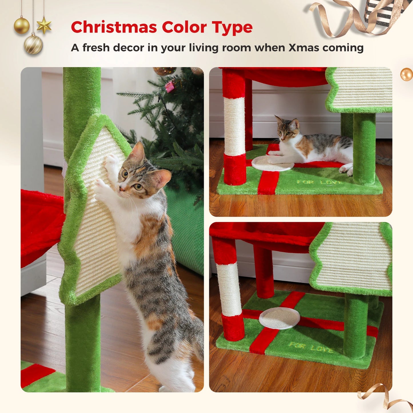 Christmas Cat Tree with Sisal Scratching Posts Spacious Condo Hammock Tall Large Cat Tower for Indoor Cat House Bed Cat Toys