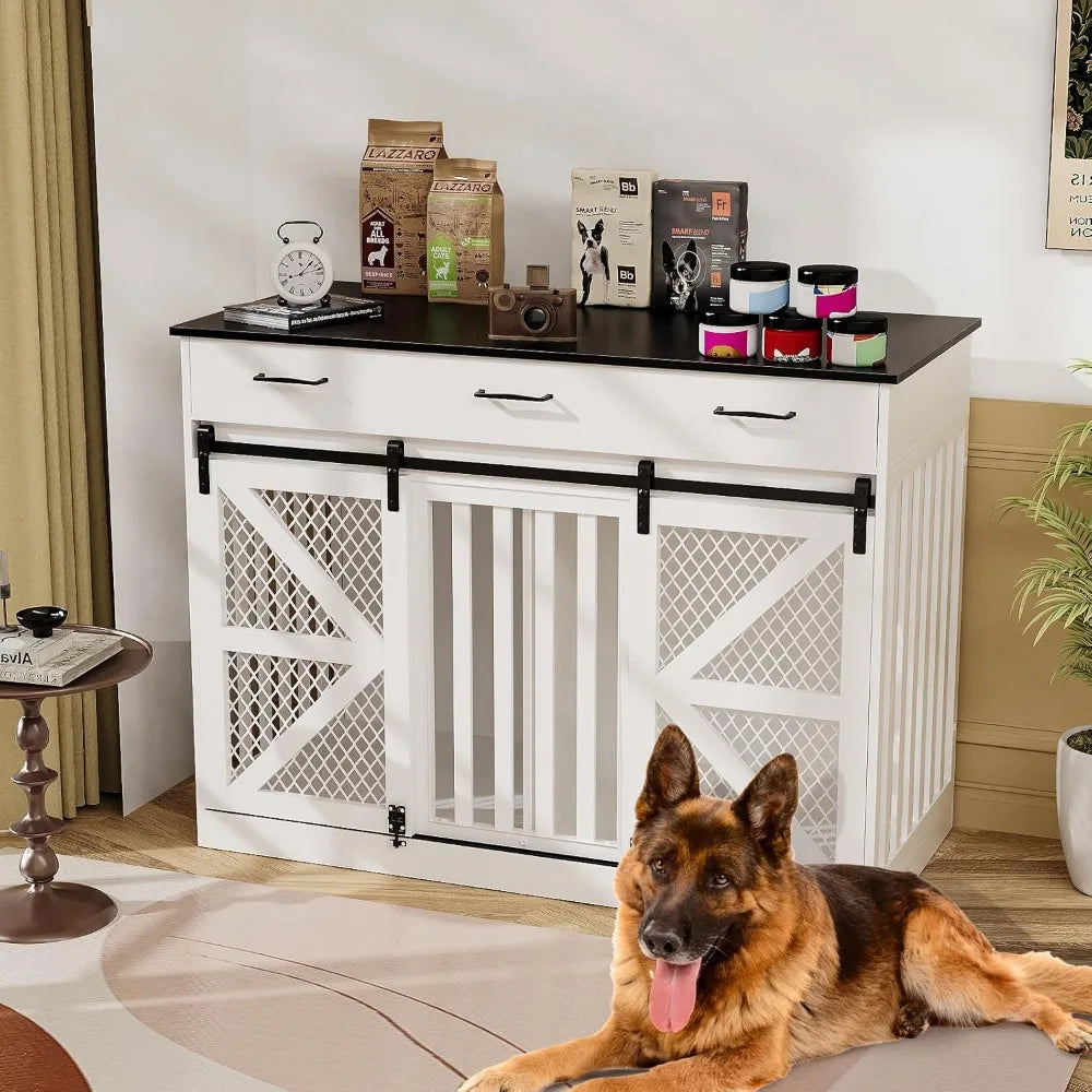 Double Door Wooden Dog Crate with Removable Divider and Storage for Medium to Extra Large Dogs