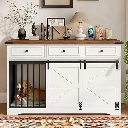 55.1" Furniture Style Dog Crate Furniture, Indoor Dog Kennel with 3 Storage Drawers, Farmhouse Dog Crate with Side Door and Slid