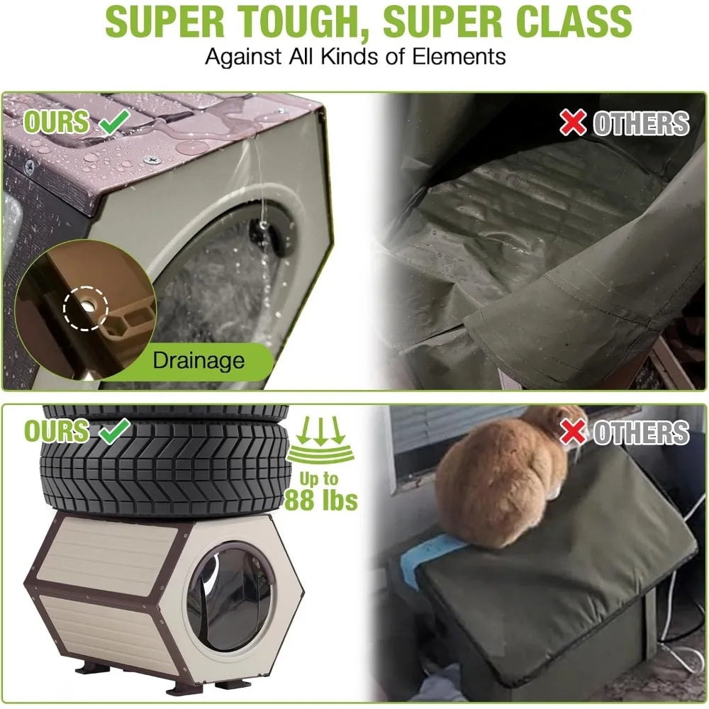 Heated Insulated Outdoor Cat Shelter for Ferals with Adjustable Temp and Timer, Expandable for All Weather Protection