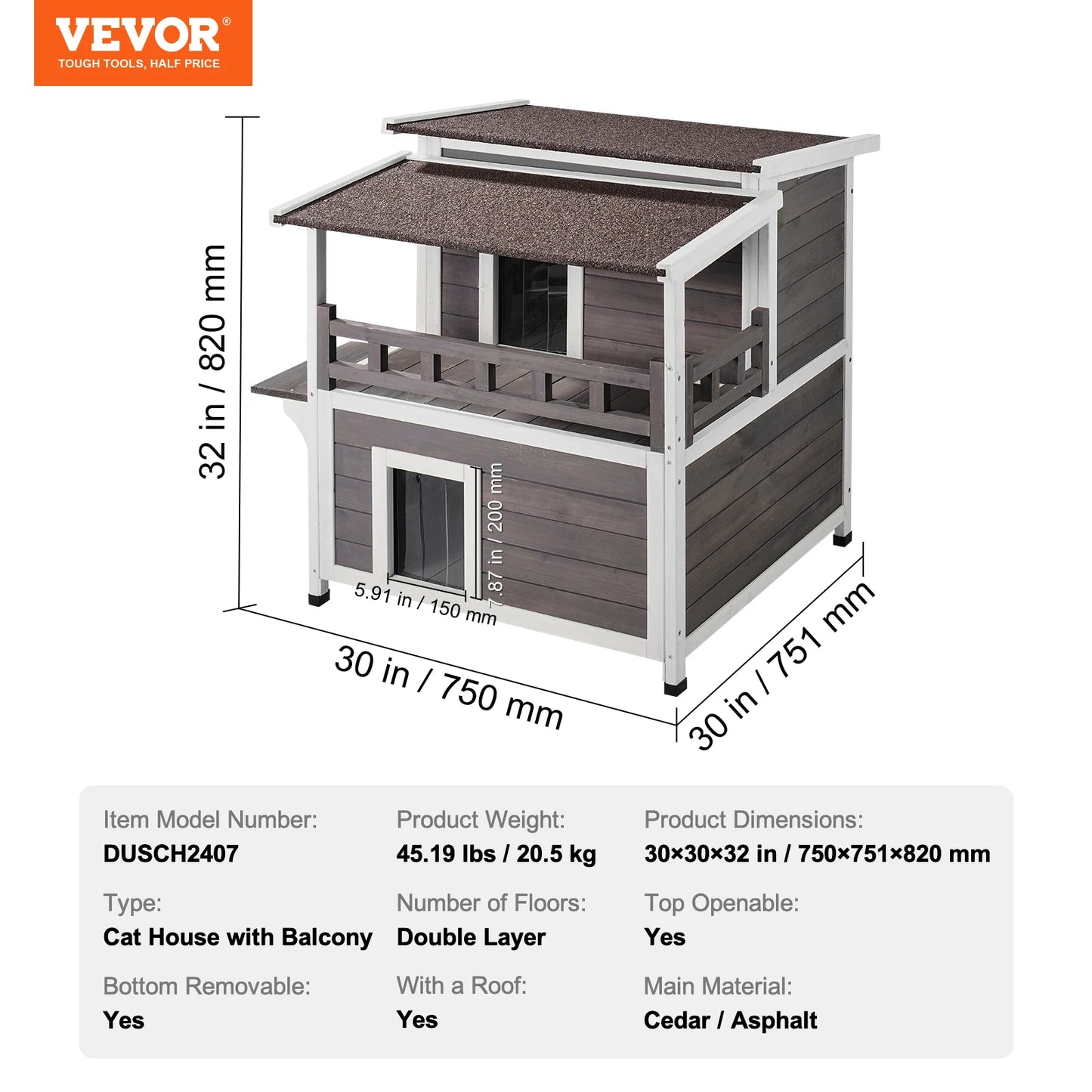 SucceBuy Outdoor Cat House Weatherproof Feral Cat Shelter 2-story Large Outdoor Wooden Cat House with Balcony Door and Open Roof