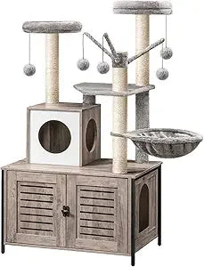 All-in-One Wooden Cat Tower: 27.6 L x 18.9 W x 52 H, Indoor Cat Furniture with Integrated Litter Box Enclosure