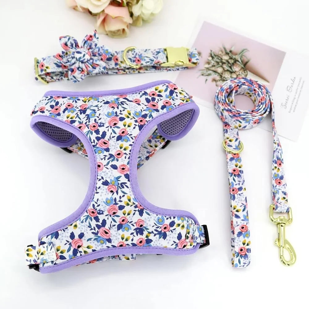 Cute Dog Harness Leash Collar Set Adjustable Floral Soft Mesh Pet Vest Puppies Girls Wedding Party Outdoor Activities
