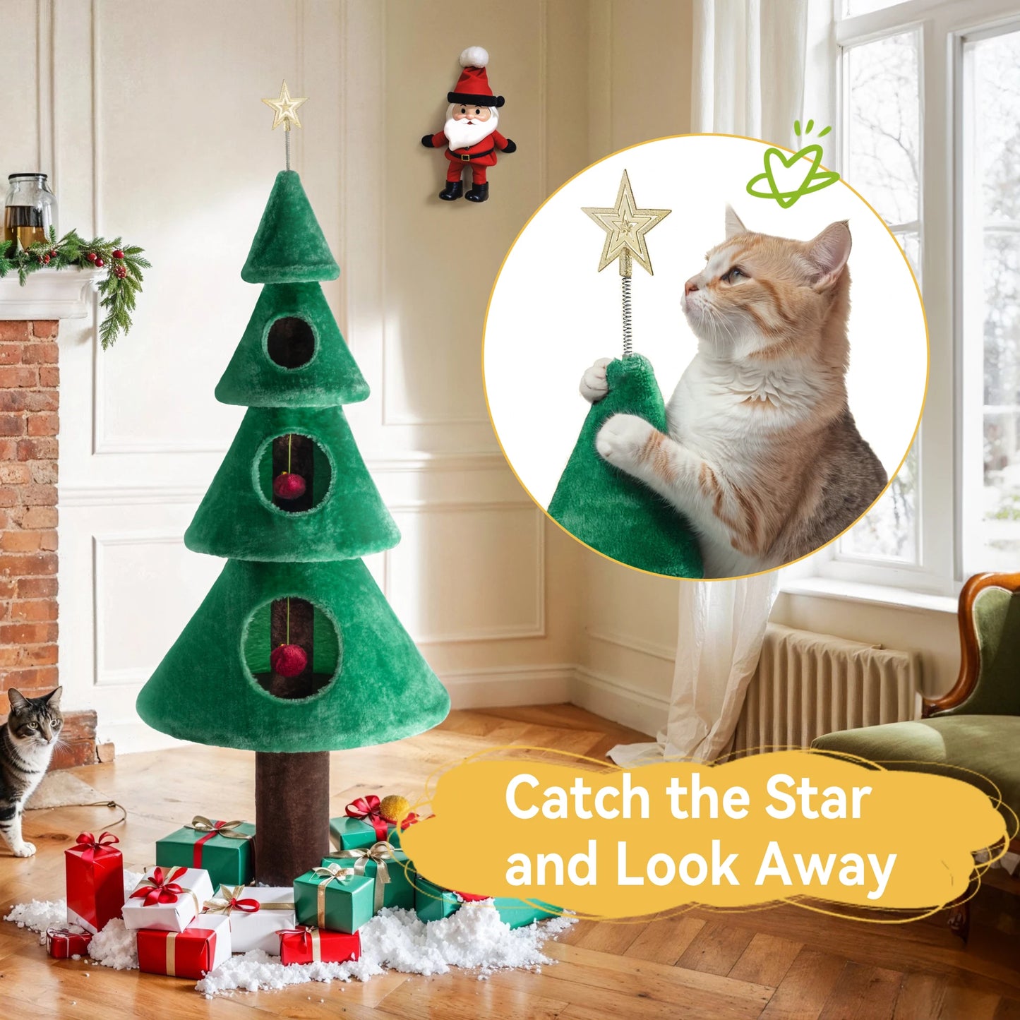 HOOMIC 63 Inches Cat Christmas Tree/Cat Tower/Cat House with Plush Ball/Cat Toys/Cozy Cat Condo for Indoor Cats/Wide Base/Green