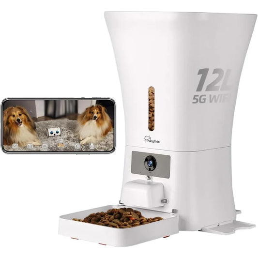 12L 5G WiFi Automatic Dog Feeder for Large Breed and Automatic Cat Feeders with 1080P Full HD Pet Camera Treat Dispenser Food D