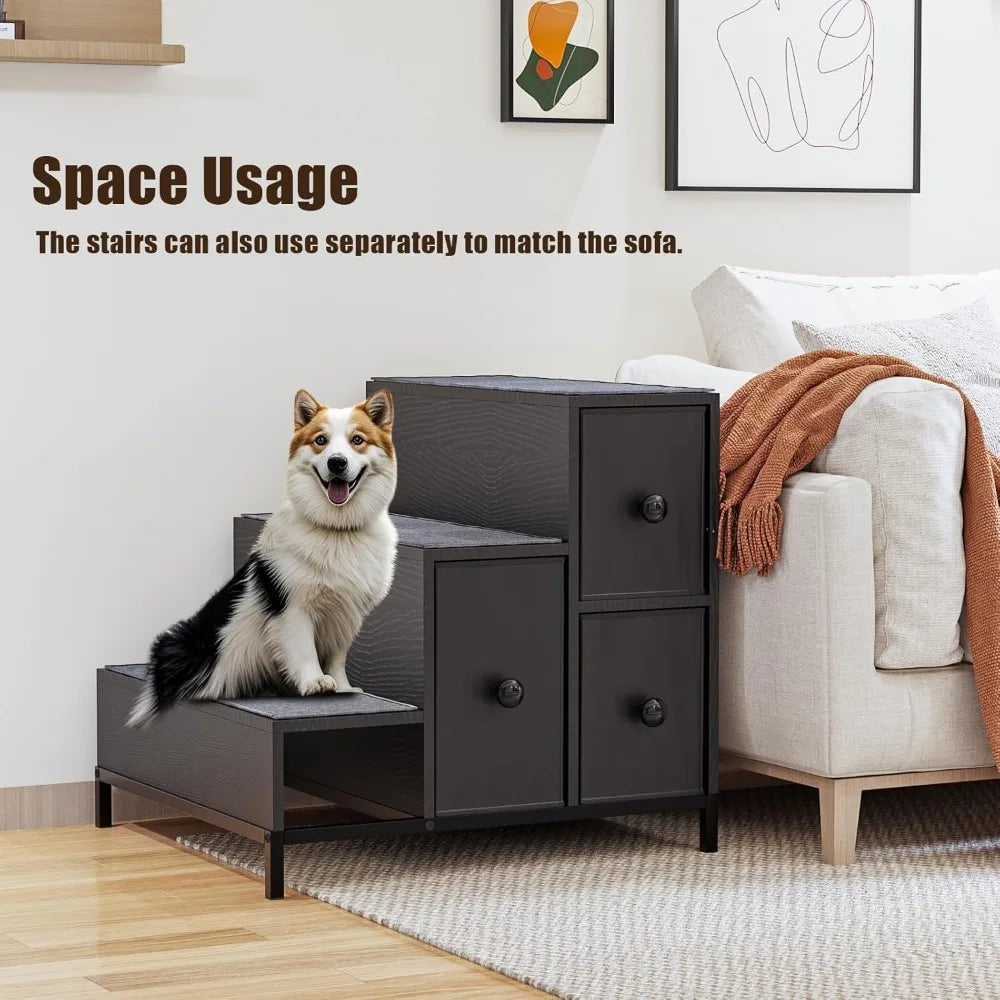 Pet Bunk Bed with Stairs and Storage, Dogs/Cats Window Perch, Bedside Lounge Elevated Dog Bed Multi-Level Platform with Foam