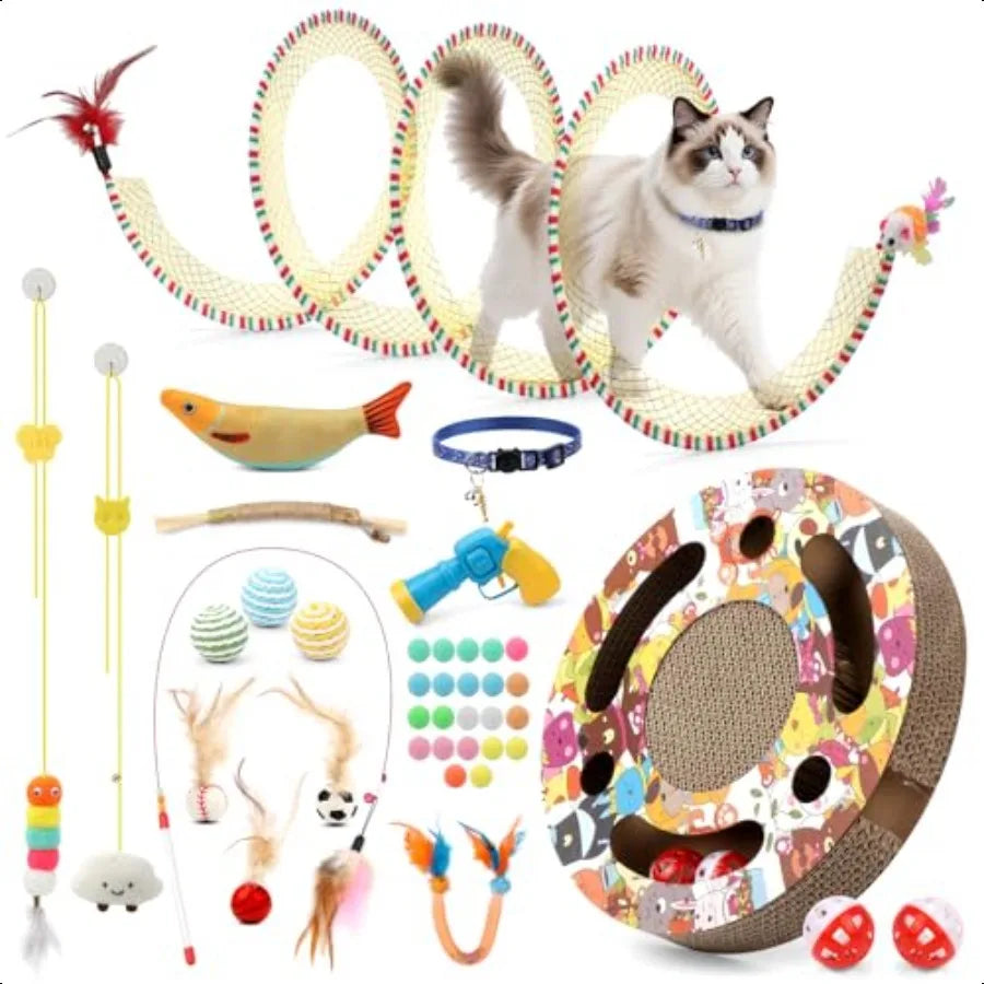 40 Pieces Cat Toys for Indoor Cats Kitty with Interactive Cat Tunnel Scratcher Feather Wand Plush Ball Toy Cat Collar Catnip To