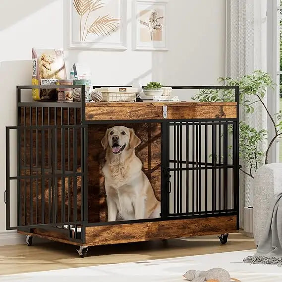 Dog Crate Furniture for Large Dog with 2 Stainless Steel Bowls, Large Wooden Dog Crate Table, XL Heavy Duty