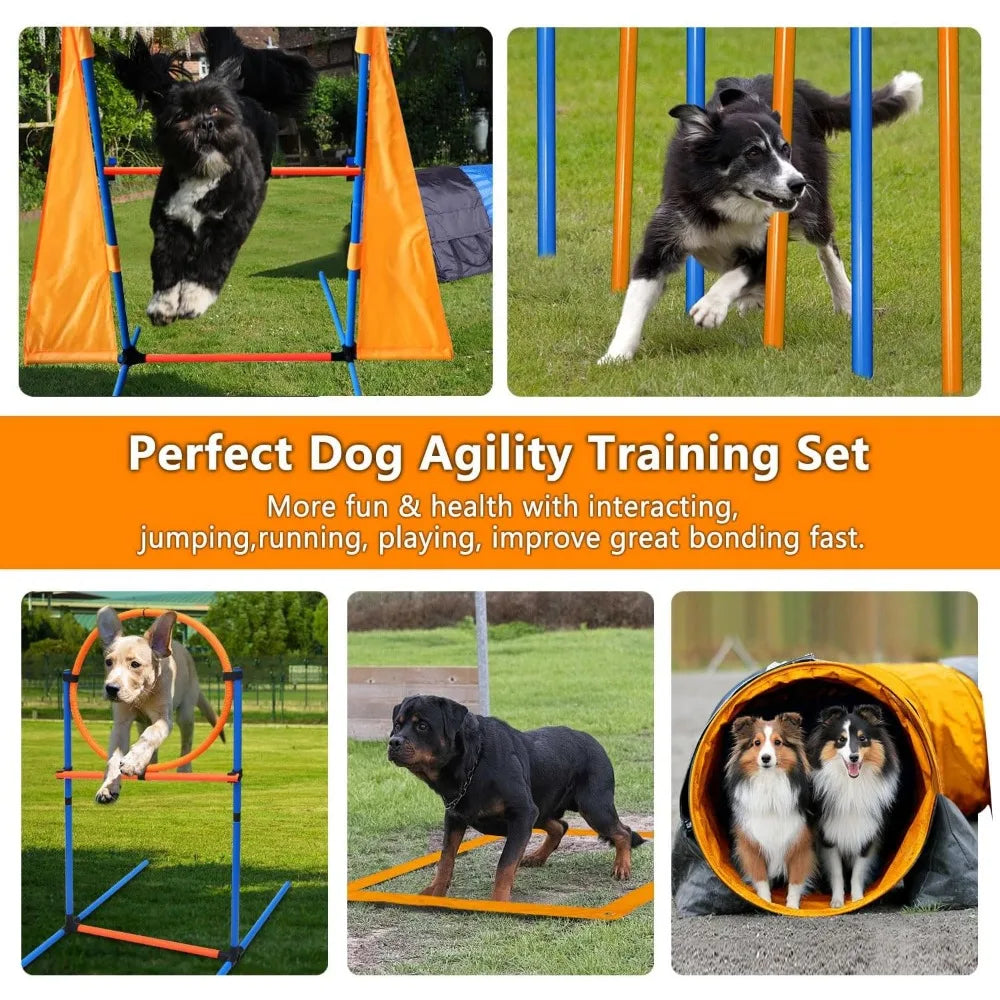 Dog Agility Training Equipment Set Outdoor Indoor Game, Tire Jump + Hurdle Jump, Tunnel, Weave Poles, Pause, 2 Toy Balls, 2 Disc