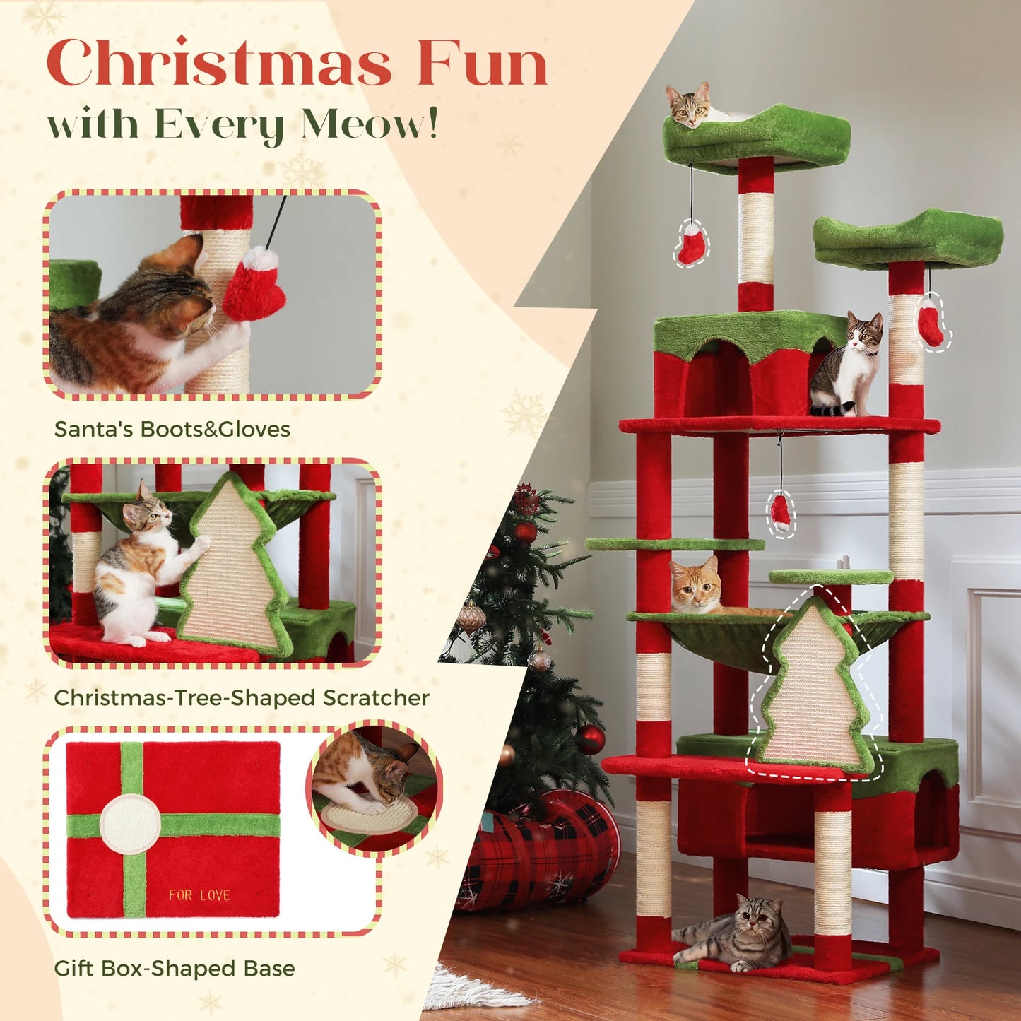 Christmas Cat Tree with Sisal Scratching Posts Spacious Condo Hammock Tall Large Cat Tower for Indoor Cat House Bed Cat Toys