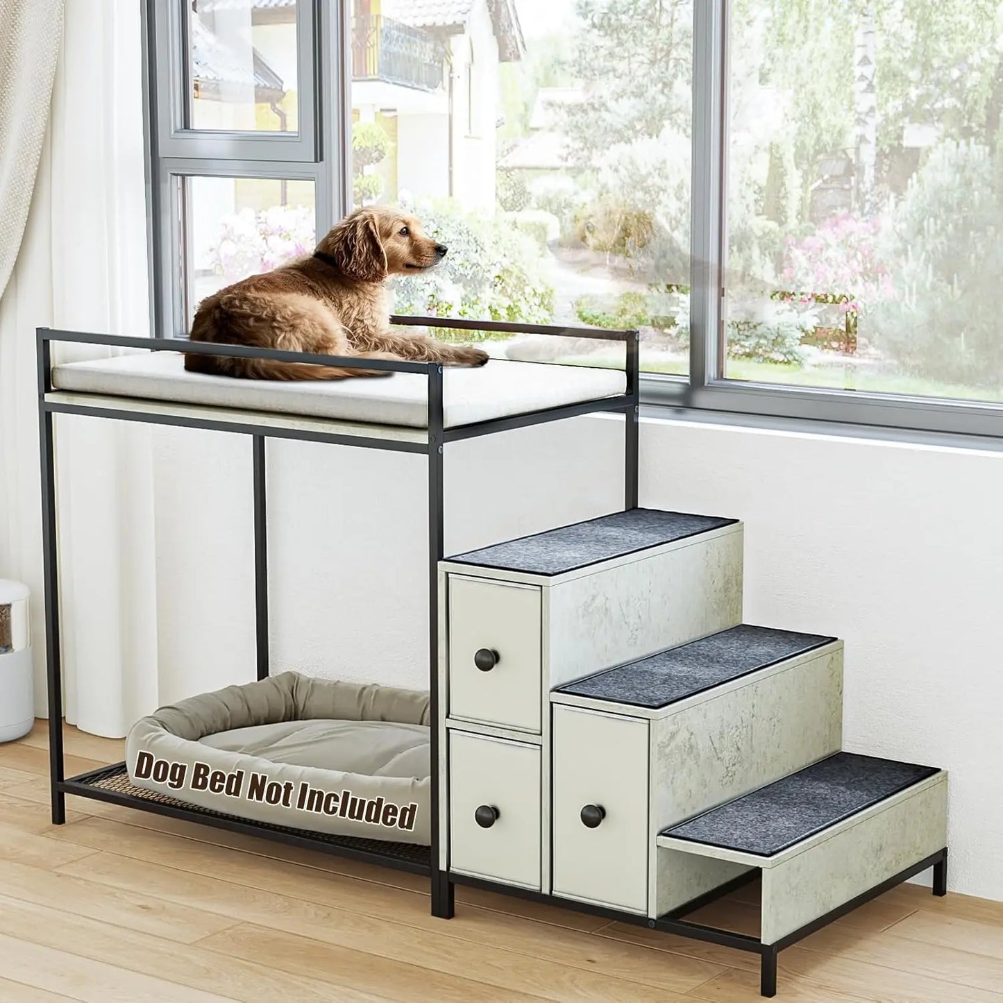 Pet Bunk Bed with Stairs and Storage, Dogs/Cats Window Perch, Bedside Lounge Elevated Dog Bed Multi-Level Platform with Foam