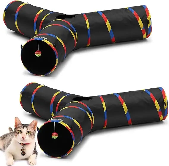 2 Pack Collapsible Cat Tunnels 3 Way, Cats Dogs Maze Tube with Ball for Indoor Outdoor Large Cat Play Toy (Black)