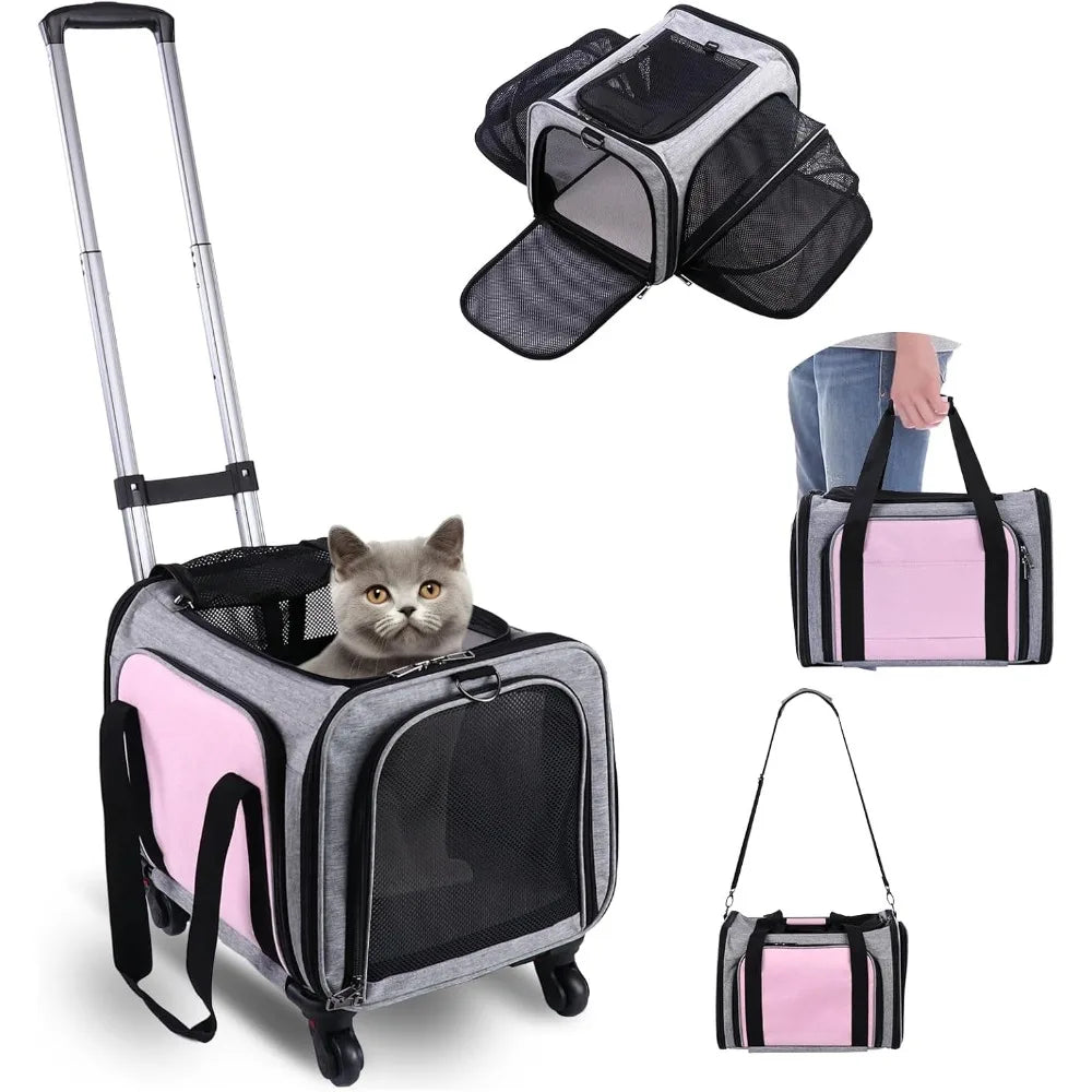 Airline Approved on Wheels - Two Sided Expandable Cat Soft Carrier for Puppy and Cats Under 26lbs, Rolling Cat Carrier