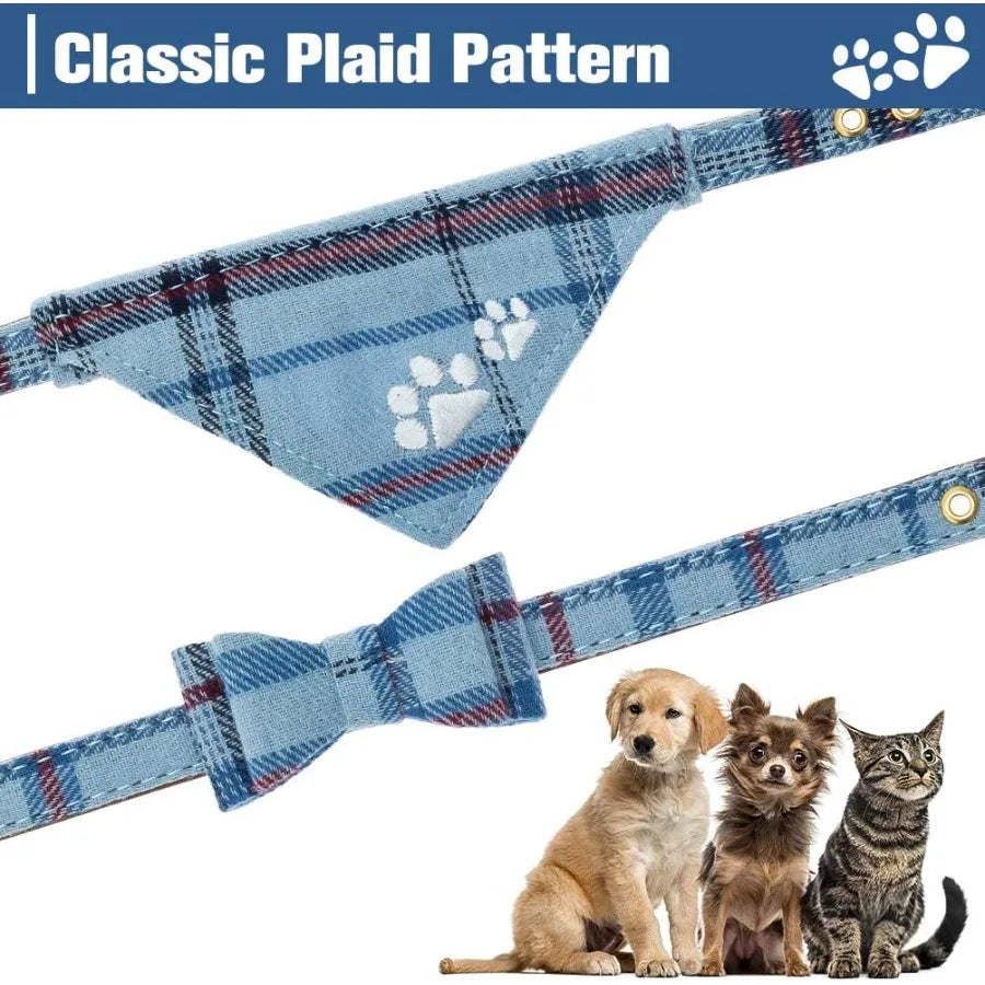 Puppy Collar and Leash Set Embroidery Pawprints Plaid Dog Collar and Dog Leash Set Bow Tie and Banda Dog Collar with Bell Cute