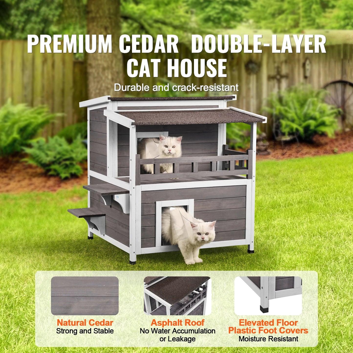 SucceBuy Outdoor Cat House Weatherproof Feral Cat Shelter 2-story Large Outdoor Wooden Cat House with Balcony Door and Open Roof
