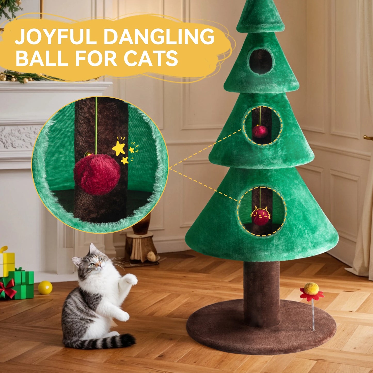 HOOMIC 63 Inches Cat Christmas Tree/Cat Tower/Cat House with Plush Ball/Cat Toys/Cozy Cat Condo for Indoor Cats/Wide Base/Green