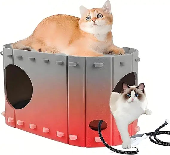 Heated Cat House for Indoor Cats,with Timer & Temp Adjustable Pet Heating Pad Bed Included,Large Foldable Cat Houses & Condos