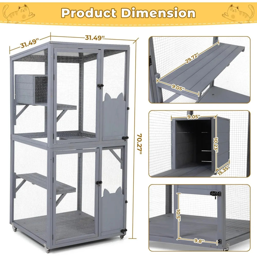 Catio Outdoor Cat Enclosure Window Access, Outdoor Cat House with Wheels, Cage for Cats Indoor(Grey, Medium)
