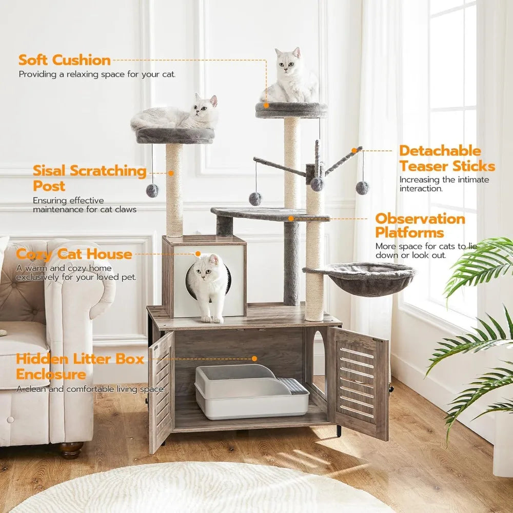 All-in-One Wooden Cat Tower: 27.6 L x 18.9 W x 52 H, Indoor Cat Furniture with Integrated Litter Box Enclosure