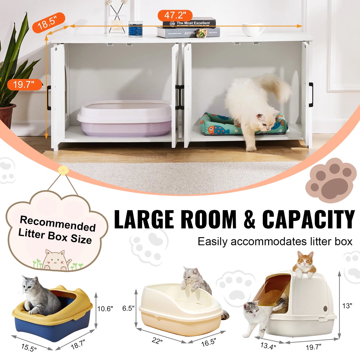 SucceBuy Cat Litter Box Enclosure for 2 Cats Litter Box Furniture Hidden Wooden Cat Box Cabinet Fit Most of Litter Box White