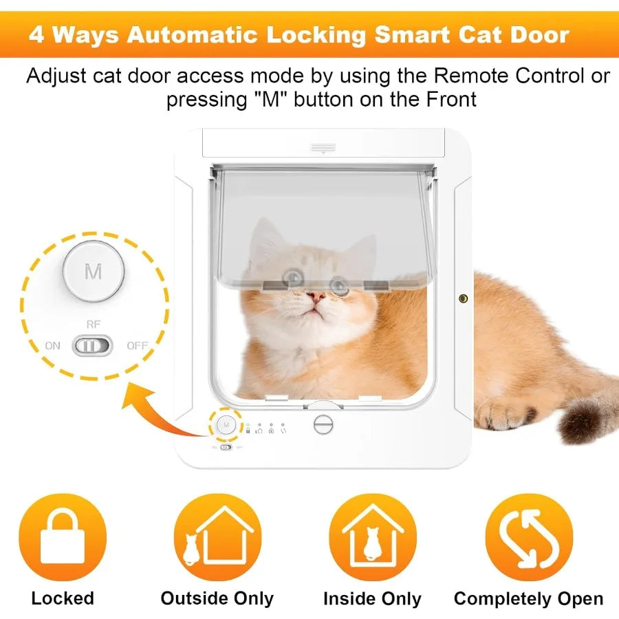Smart Cat Door with 3 Collar Sensor RFID Cat Door Collar Activated with Remote Control 4 Way Locking Cat Flap Automatic Pet Doo