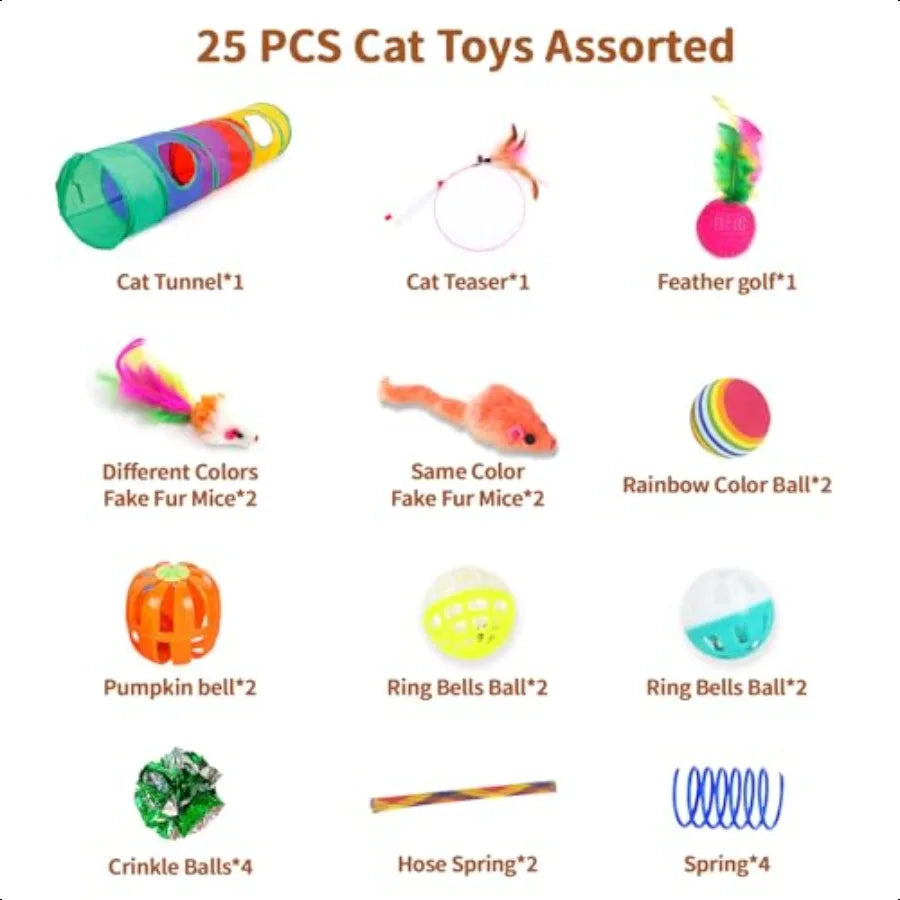 25Piece Cat Toys Kit with Rainbow Tunnel Interactive Cat Toy Bundle for Indoor Cats Kitten Playtime Variety Set Includes Feathe