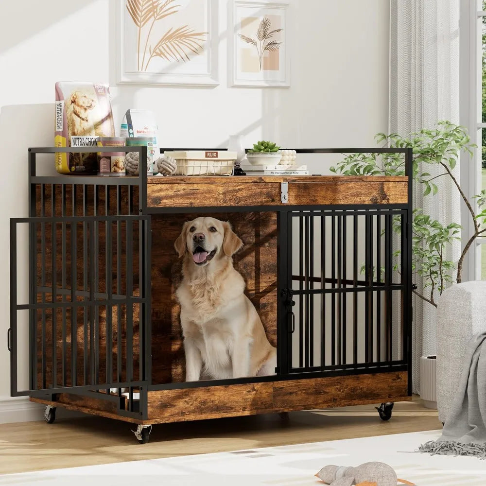 Dog Crate Furniture for Large Dog with 2 Stainless Steel Bowls, Large Wooden Dog Crate Table, XL Heavy Duty