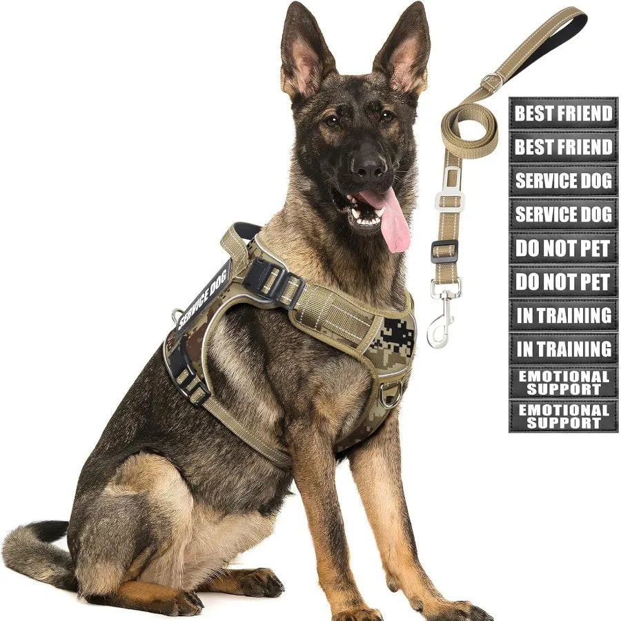 Tactical Dog Harness and Leash Set for Large Dogs: Heavy Duty No Pull Service Dog Vest with 10 Patches Reflective Adjustable Pe