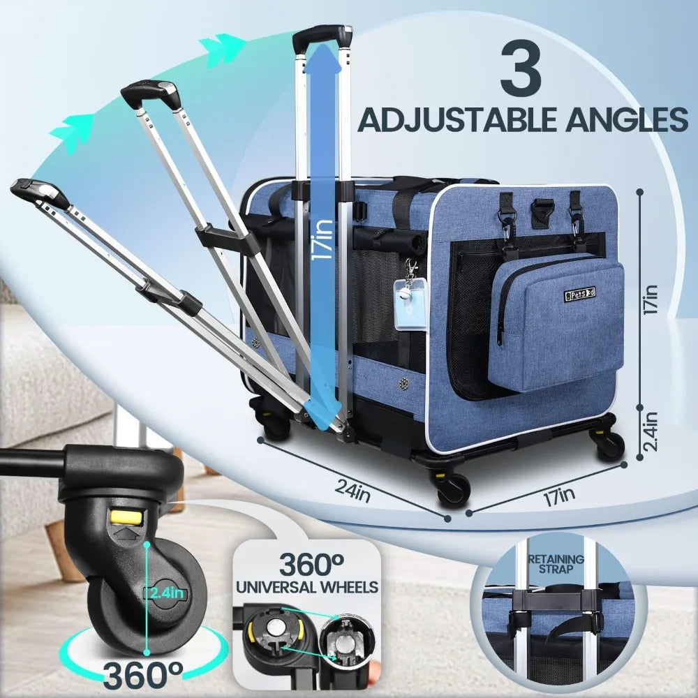 Extra Large Cat Carrier with Wheels and Litter Box, 24x17x17 Rolling Soft Carrier for Pets up to 55LBS with 5 Breathable Mesh