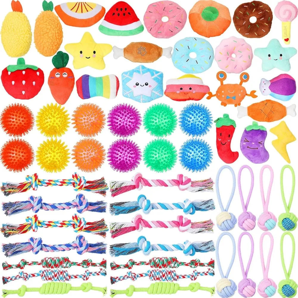 Syhood 60 Pcs Squeaky Dog Toys Bulk Stuffed Plush Chew Puppy Teething Rope Cute Spiky Chew Ball for Small Dog Pet Teething(Lovel