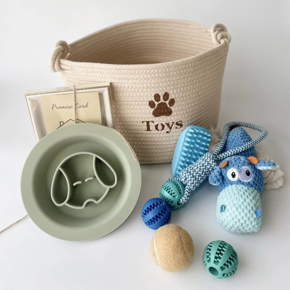 Dog Welcome Gift Box – New Puppy Starter Kit with Promise Card, Frame, Toys, Double‑Sided Bowl & Brush in Woven Basket – Dog Ado