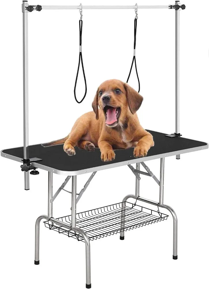 46" Dog Grooming Table Foldable Pet Grooming Tables with Adjustable Arm Noose Storage Mesh Tray Maximum Capacity Up to 330lbs