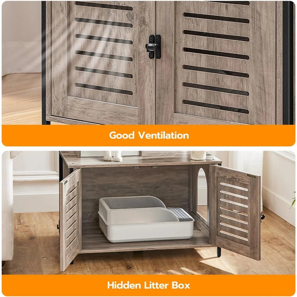 All-in-One Wooden Cat Tower: 27.6 L x 18.9 W x 52 H, Indoor Cat Furniture with Integrated Litter Box Enclosure