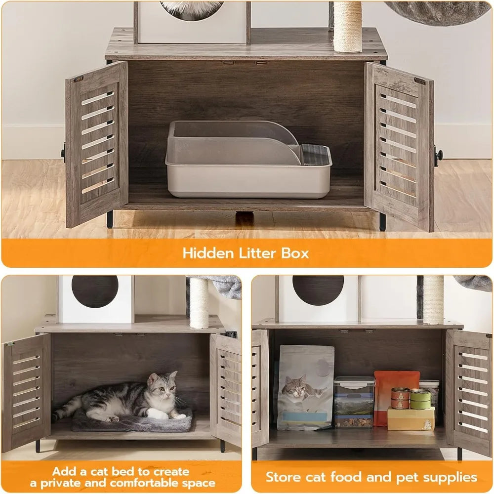 All-in-One Wooden Cat Tower: 27.6 L x 18.9 W x 52 H, Indoor Cat Furniture with Integrated Litter Box Enclosure