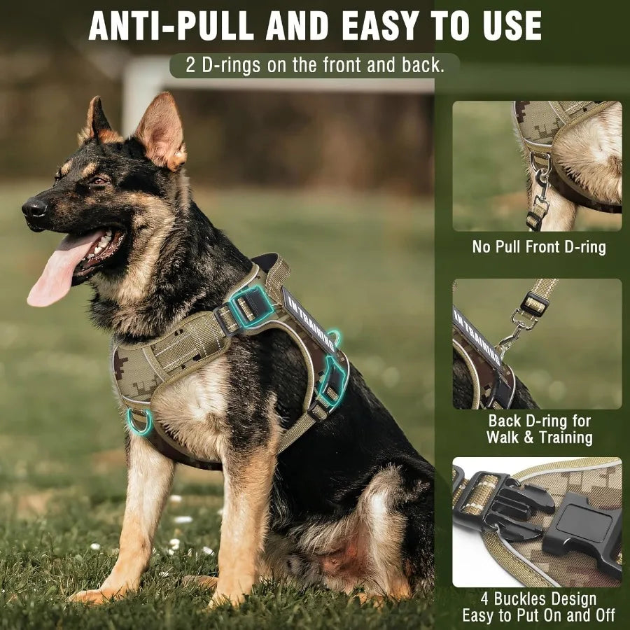 Tactical Dog Harness and Leash Set for Large Dogs: Heavy Duty No Pull Service Dog Vest with 10 Patches Reflective Adjustable Pe