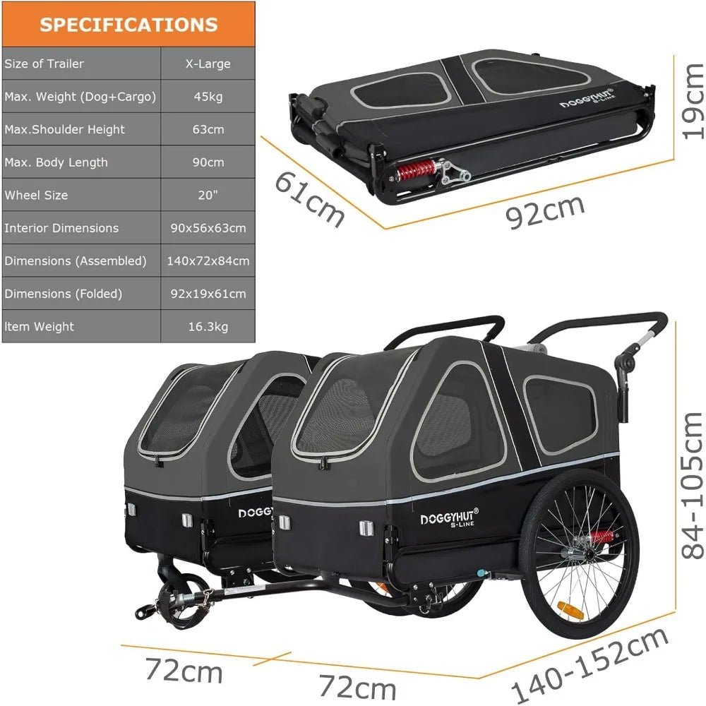 DOGGYHUT® S-Line XL Pet Bike Trailer & Stroller for Dogs Up to 100 lbs,Folding Frame Cart, Suspension Wheels,Low Center of Gravi