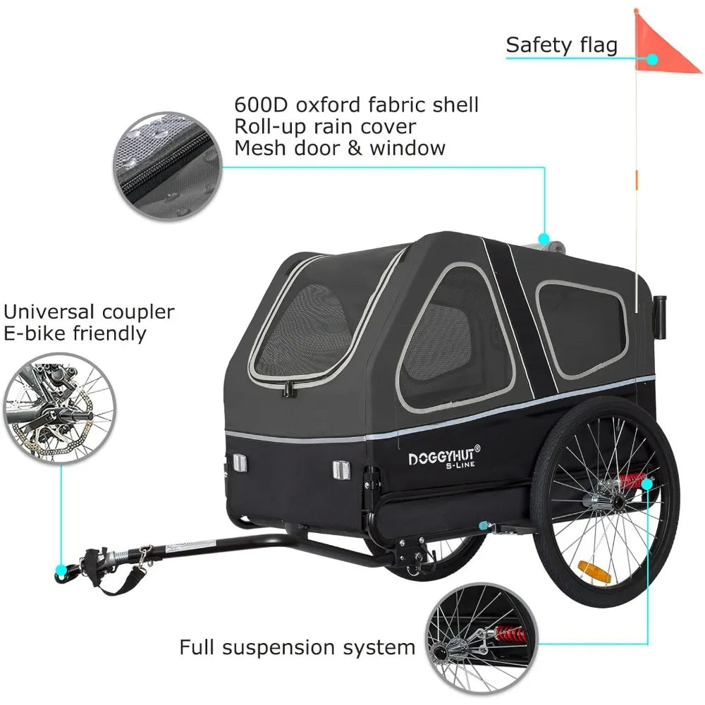 DOGGYHUT® S-Line XL Pet Bike Trailer & Stroller for Dogs Up to 100 lbs,Folding Frame Cart, Suspension Wheels,Low Center of Gravi